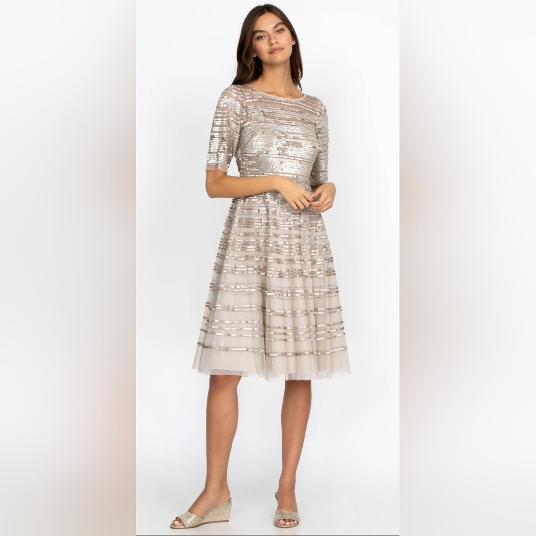 Nwt Size 4 A Johnny Was Champagne Beaded Sequin Midi Cocktail Dress